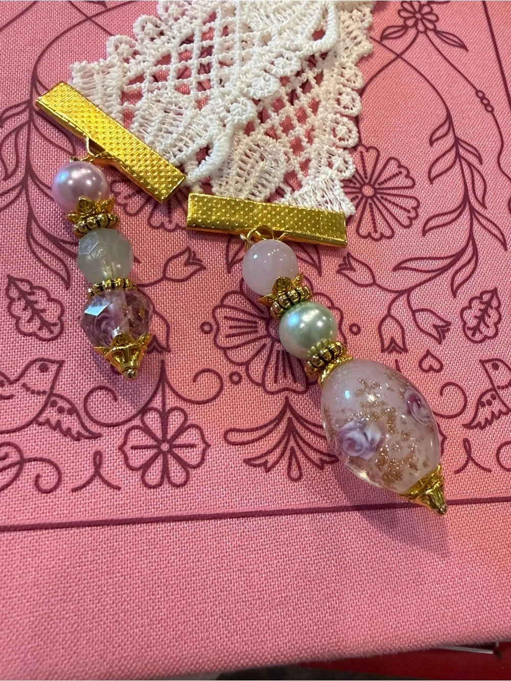 Lace Bookmark with beaded tassels and Gold Accents